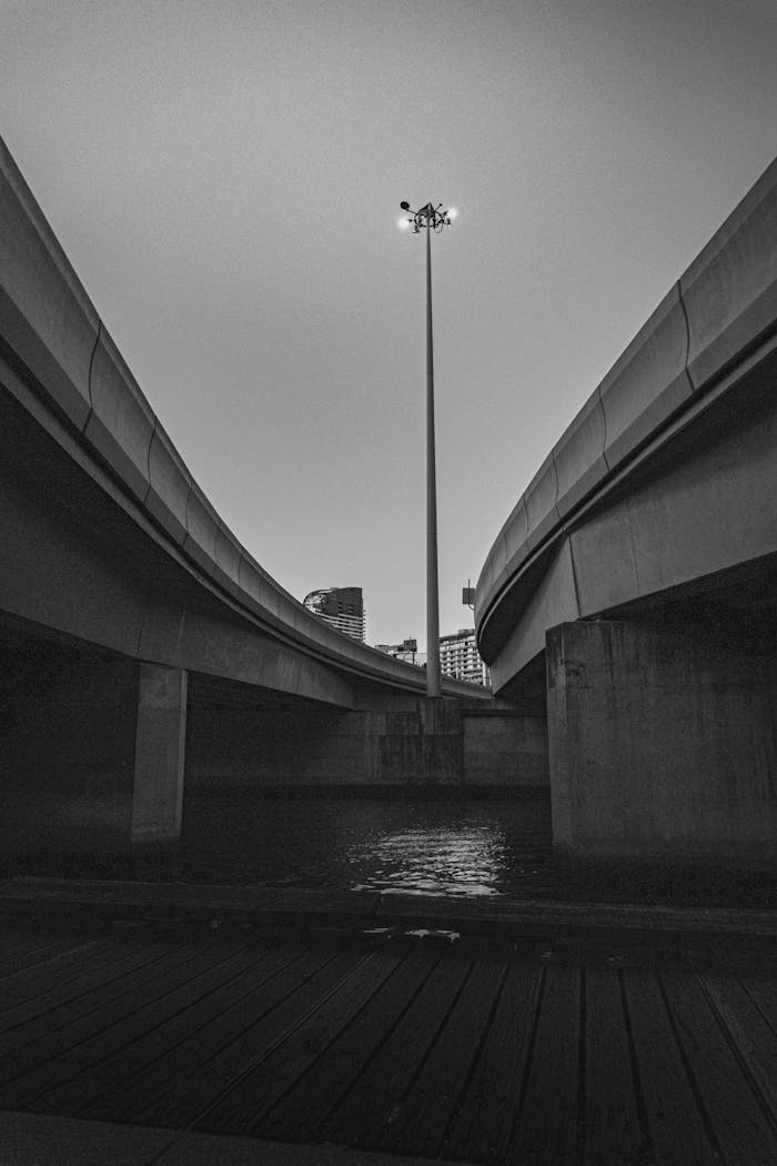 Dramatic black and white urban bridge scene with streetlight at twilight.